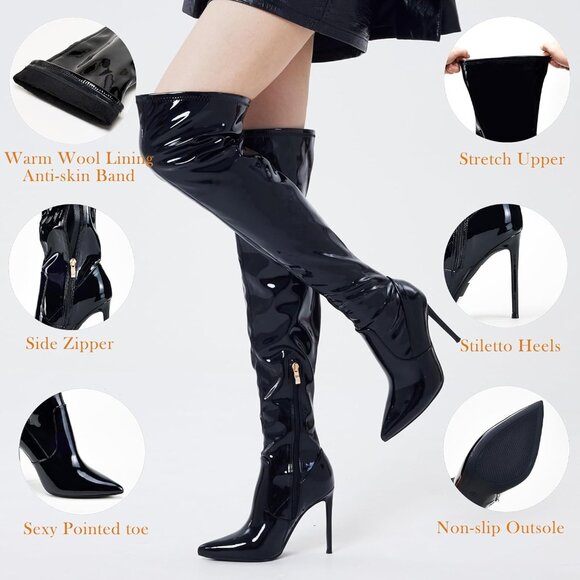 Women Black Patent Wools Polyurethane Over The Knee Stiletto Heel Pointed Boots - Picture 3 of 5
